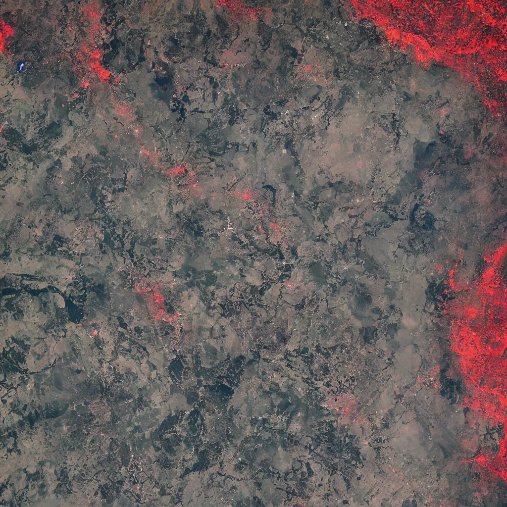 Image similar to a very polluted landscape seen by sentinel or landsat satellite during the night with red rivers and oceans surrounded by urban sediment, photorealistic, high resolution, best quality