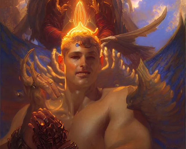 Image similar to attractive male deity, casting demonic magic, summoning handsome lucifer morning star. highly detailed painting by gaston bussiere, craig mullins, j. c. leyendecker 8 k