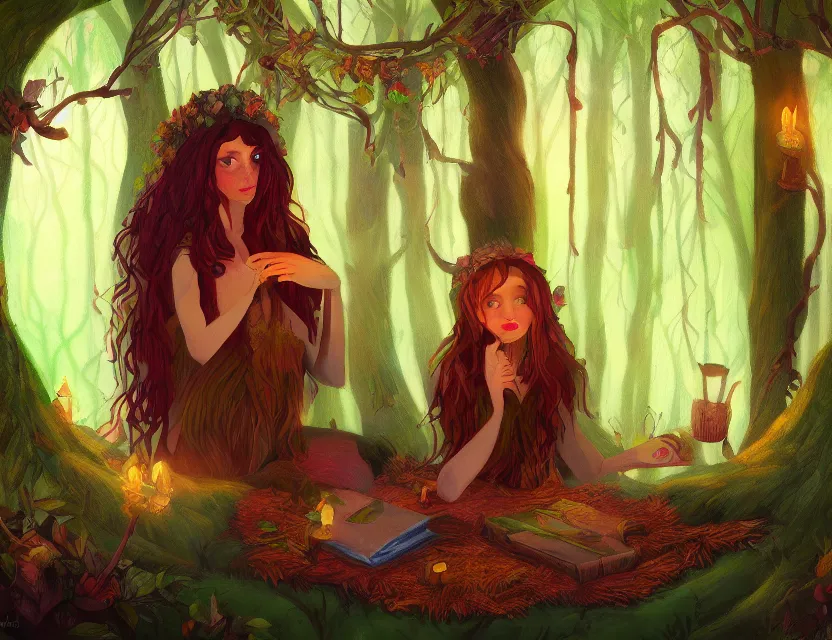 Image similar to forest witch girl in a cozy study. complementary colors, oil painting, indie concept art, bloom, chiaroscuro, backlighting, intricate details.