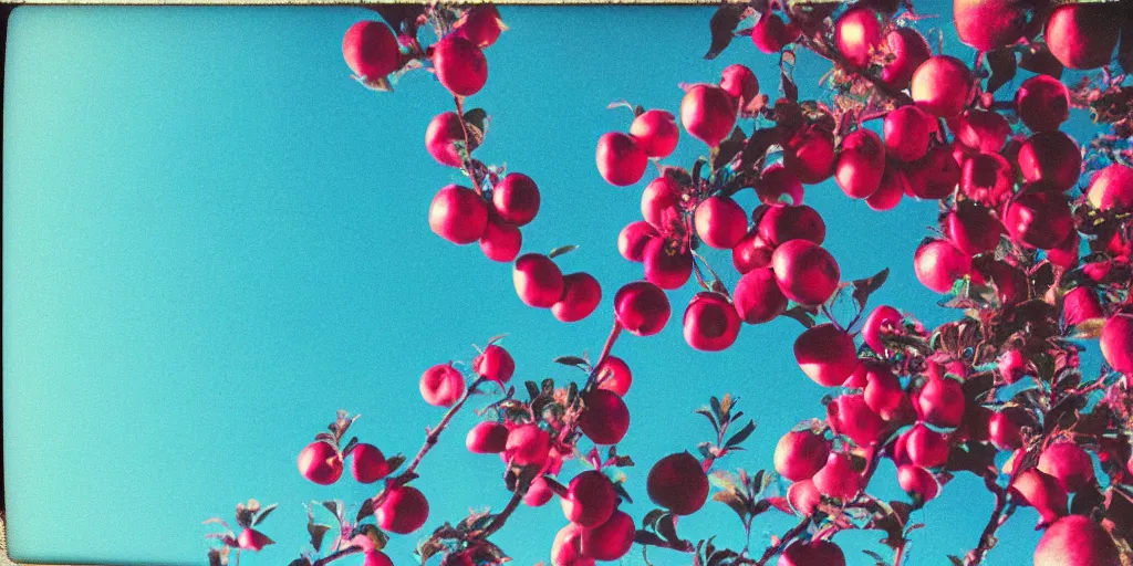 Prompt: analog polaroid of an apple tree, many pink red apples, cyan blue sky, lens flare, color bleed