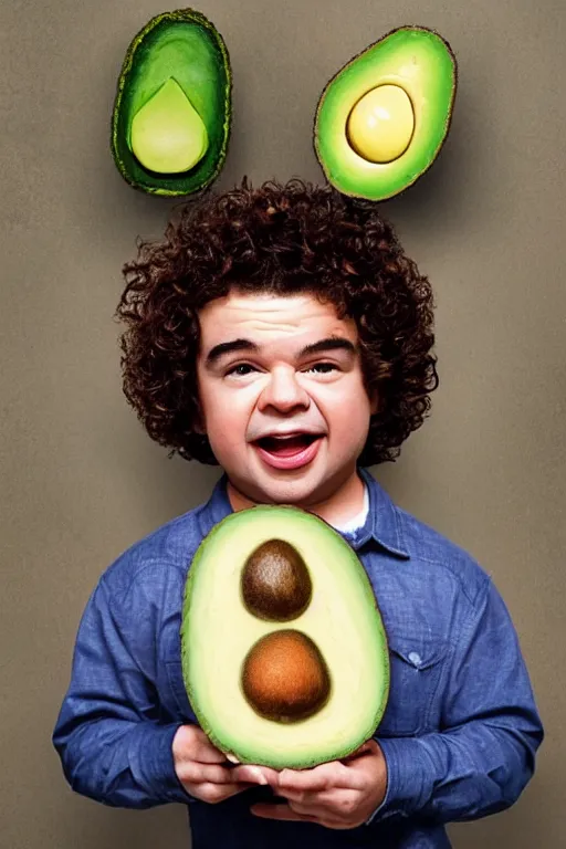 Image similar to 📷 gaten matarazzo face on avocado 🥑, made of food, head portrait, dynamic lighting, 4 k