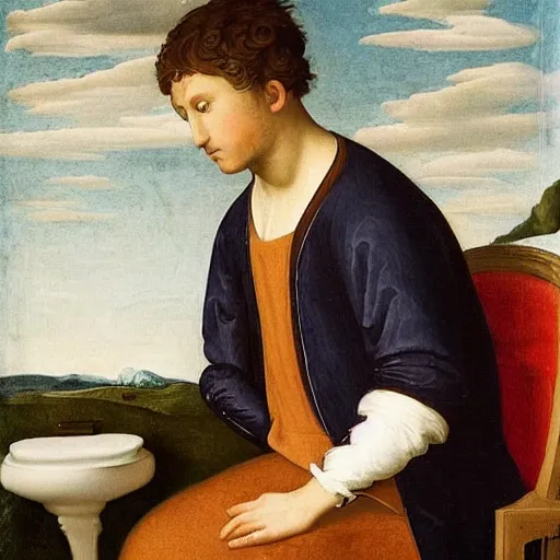 Prompt: a fully dressed thoughtful intelligent young man sitting on a fully visible white ceramic toilet attentively staring at his smartphone, distant thoughtful look, renaissance painting