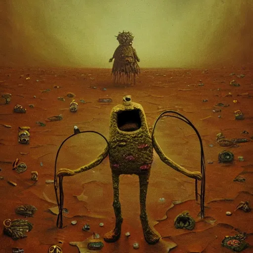 Image similar to spongebob squarepants in style of zdzisław beksinski, standing in wasteland, horror art, creepy, desolate