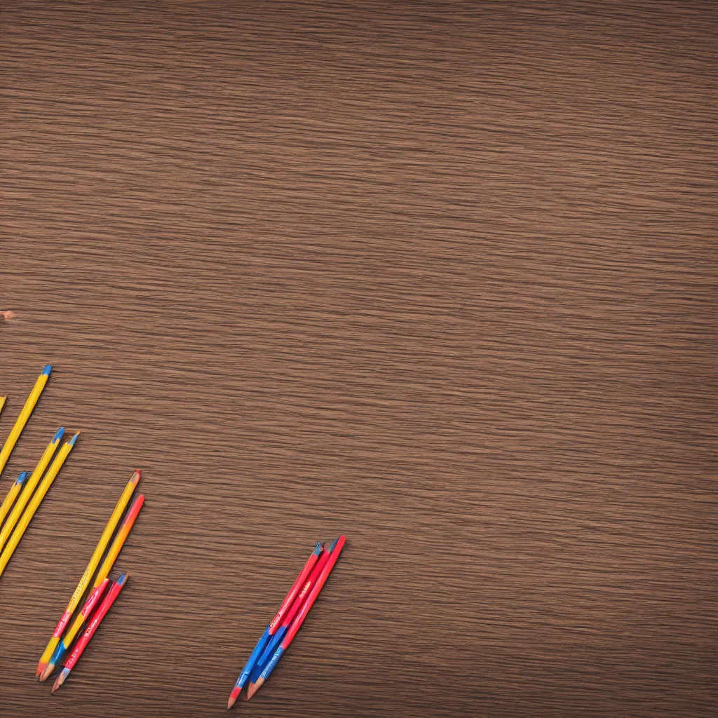 Prompt: top down view with pencils on top of a wooden table, wallpaper, 4k, photorealistic