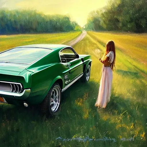 Image similar to green 1967 Ford Mustang GT, Swedish countryside, freedom, dawn, beautiful woman, atmospheric, painting by Vladimir Volegov