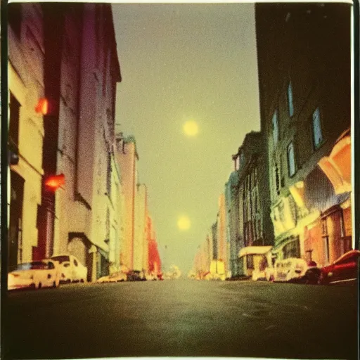 Image similar to low angle wide shot of Night Vale street in the early morning, after rain, lomography, polaroid photo, by Warhol,