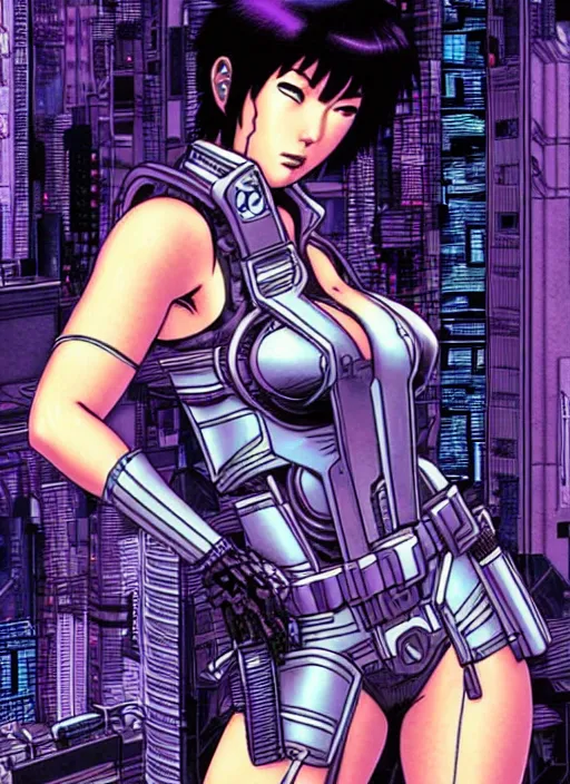 Image similar to motoko kusanagi in grungy cyberpunk megacity, intricate and finely detailed, cyberpunk vaporwave, portrait by j scott campbell