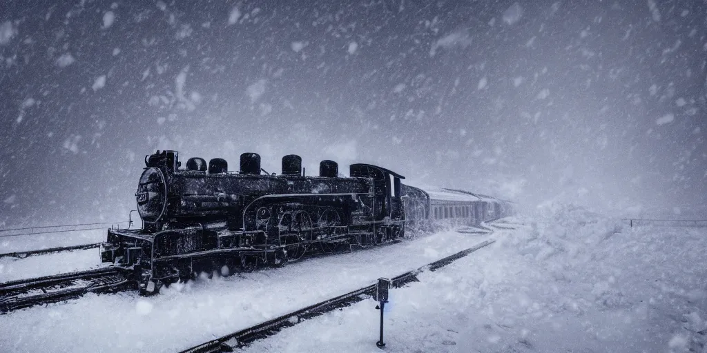 Image similar to a high detail photograph of a heavy steam train in the snow under a blizzard, realism, 4 k, award winning photograph, octane render, bloom, night, fog, high details