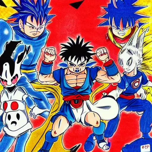 Image similar to it's an anime drawing by akira toriyama, it depicts characters from one of his manga series. the central figure is a blue demon, his arm raised, ready to fight. the background is black, there is a red moon in the sky, which is slightly demonic. the effect is rather sinister.