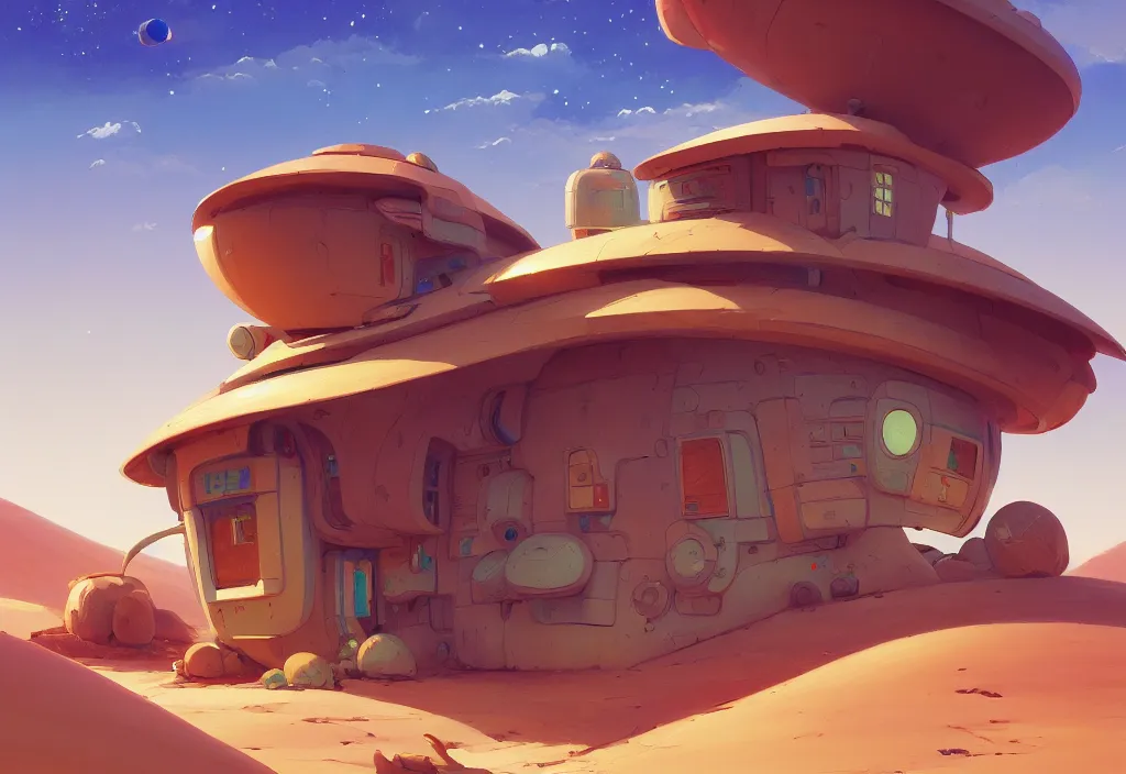 Prompt: a small futuristic chubby house in the desert, intricate oil painting, high detail illustration, sharp high detail, manga and anime 1 9 9 9, official fanart behance hd artstation by jesper ejsing and makoto shinkai, 4 k,