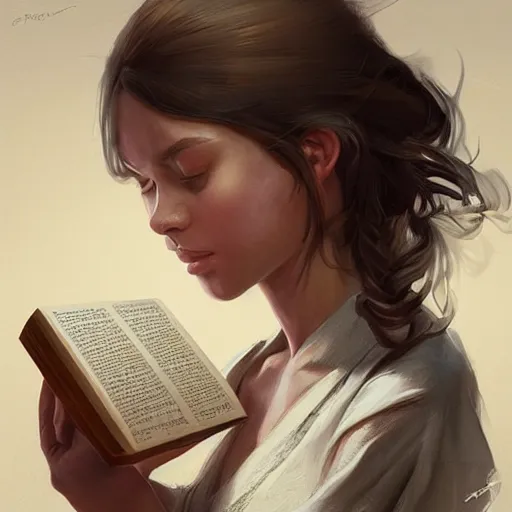 Prompt: a girl reading a book, portrait, highly detailed, digital painting, artstation, concept art, sharp focus, illustration, art by artgerm and greg rutkowski and magali villeneuve