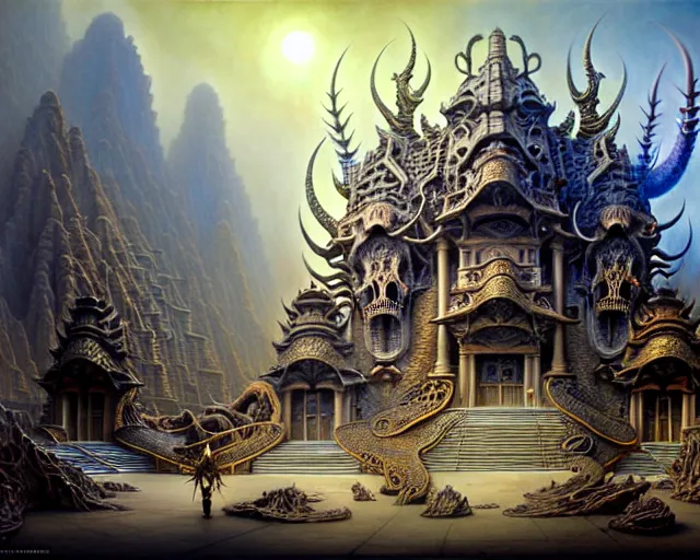 Image similar to street view of a temple made of dragon skulls and bones, fantasy landscape made of fractals facing each other, ultra realistic, wide angle, intricate details, the fifth element artifacts, highly detailed by peter mohrbacher, hajime sorayama, wayne barlowe, boris vallejo, aaron horkey, gaston bussiere, craig mullins