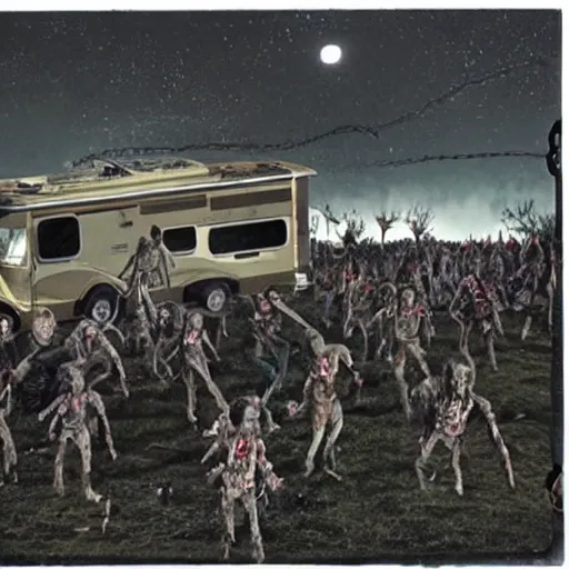 Prompt: At night, under bright moonlight, hundreds of ravenous zombies attacking a recreational vehicle that has been shoddily reinforced with metal plates and barbed wire.