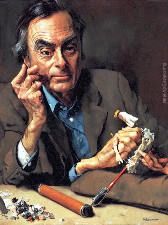 Prompt: portrait of carl sagan rolling a joint, in a style blend of norman rockwell and frederick remington and mort kunstler, oil painting, volumetric lighting, intricate details