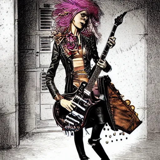 Prompt: Punk girl playing electric guitar in a steampunk city, concept art, by James Gurney and Moebius