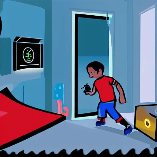 Prompt: High quality digital illustration of a kid seen from back playing videogames on a dark bedroom. The kid is in front of a vintage TV playing with the videoconsole, and the TV glows the entire room. There is a storm that can be seen in the window that is placed on his right