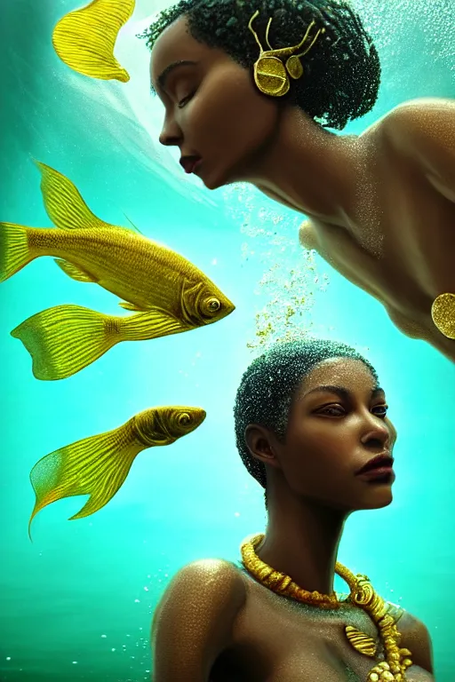 Image similar to hyperrealistic precisionist cinematic half underwater scene with fish and algae, very expressive! translucent elegant african goddess getting out of water, gold jewerly, highly detailed face, digital art masterpiece, aykut aydogdu zener, dramatic volumetric light, long shot, low angle uhd 8 k, sharp focus