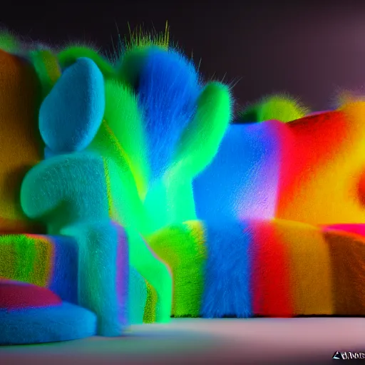 Prompt: : colorful abstract fuzzy sculpture art on the wall in modern architecture art studio soho new york, cinematic lighting, hyper - realistic, detailed, render by c 4 d octane, unreal engine, 8 k 3 d render