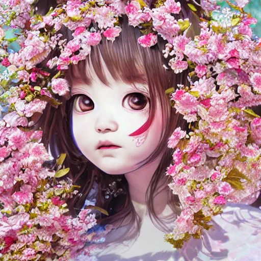 Image similar to the portrait of an absurdly cute, graceful, elegant, young japanese baby girl made of cherry flowers and petals, an ultrafine hyperdetailed illustration by kim jung gi, irakli nadar, intricate linework, bright colors, octopath traveler, unreal engine 5 highly rendered, global illumination, radiant light, detailed and intricate environment