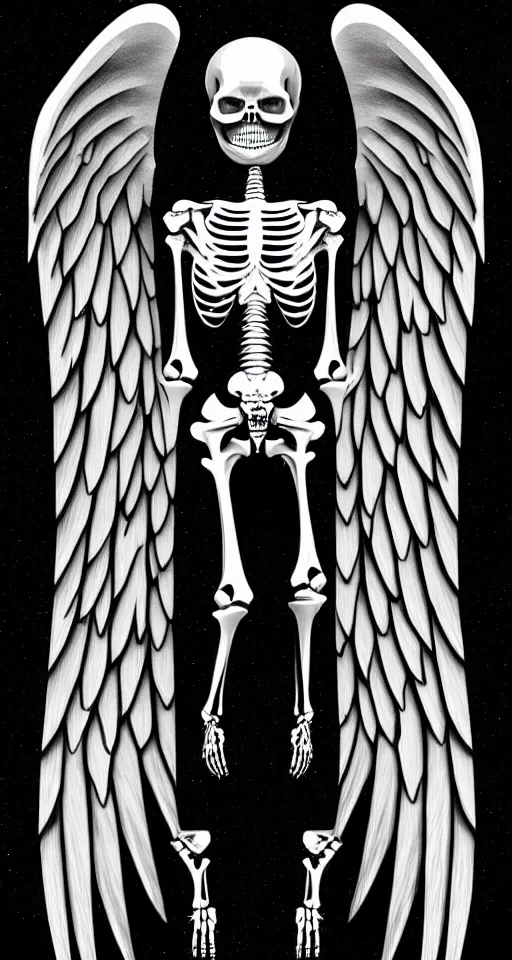 Prompt: full lenght male skeleton with angel wings only, illustration style, symbolic, cinematic, dark and moody night scene, super detailed and intricate, elegant, hyper - realistic