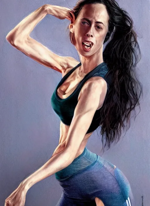 Image similar to full length photo of a very sweaty Oona Chaplin in a tanktop in the style of stefan kostic, full slim body, screaming. not realistic, sharp focus, 8k high definition, insanely detailed, intricate, elegant, art by stanley lau and artgerm