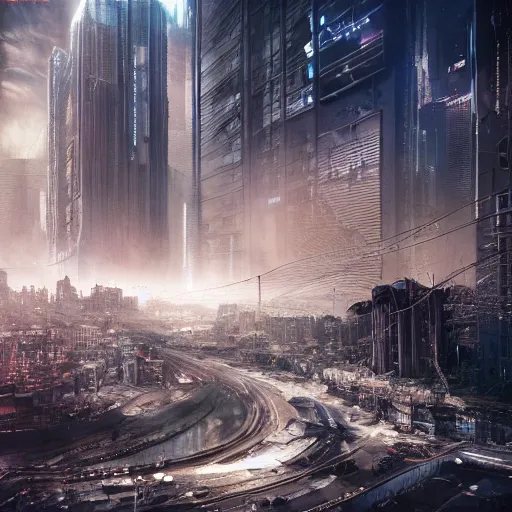 Prompt: terrifying nature destroying a dystopian city, cyberpunk, sharp focus, dynamic lights, still, photograph, hyper realistic, masterpiece, octane render, rendered, 3 d, cinematic, cinematic lighting, dramatic lighting, highly detailed, intricate details, texture, cinematic composition, by donglu yu and kevin jick and eddie del rio