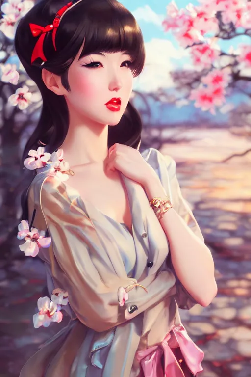 Image similar to a pin up and beautiful fashion charming dreamlke japan girl with lv jewelry, character art, art by artgerm lau and wlop and and ilya kuvshinov and john singer sargent, hyperdetailed, 8 k realistic, symmetrical, frostbite 3 engine, cryengine, dof, trending on artstation, digital art