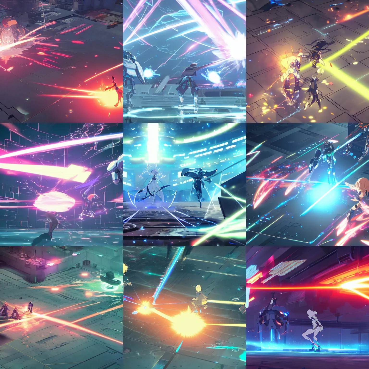 Prompt: two mechs dueling in arena, lasers, by makoto shinkai and hidari and wlop