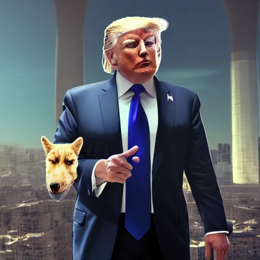 Image similar to Donald Trump with doge body, realistic artstyle, wide shot, dramatic lighting, octane render, hyperrealistic, high quality, highly detailed, HD, beautiful, cinematic, 8k, unreal engine, facial accuracy, symmetrical