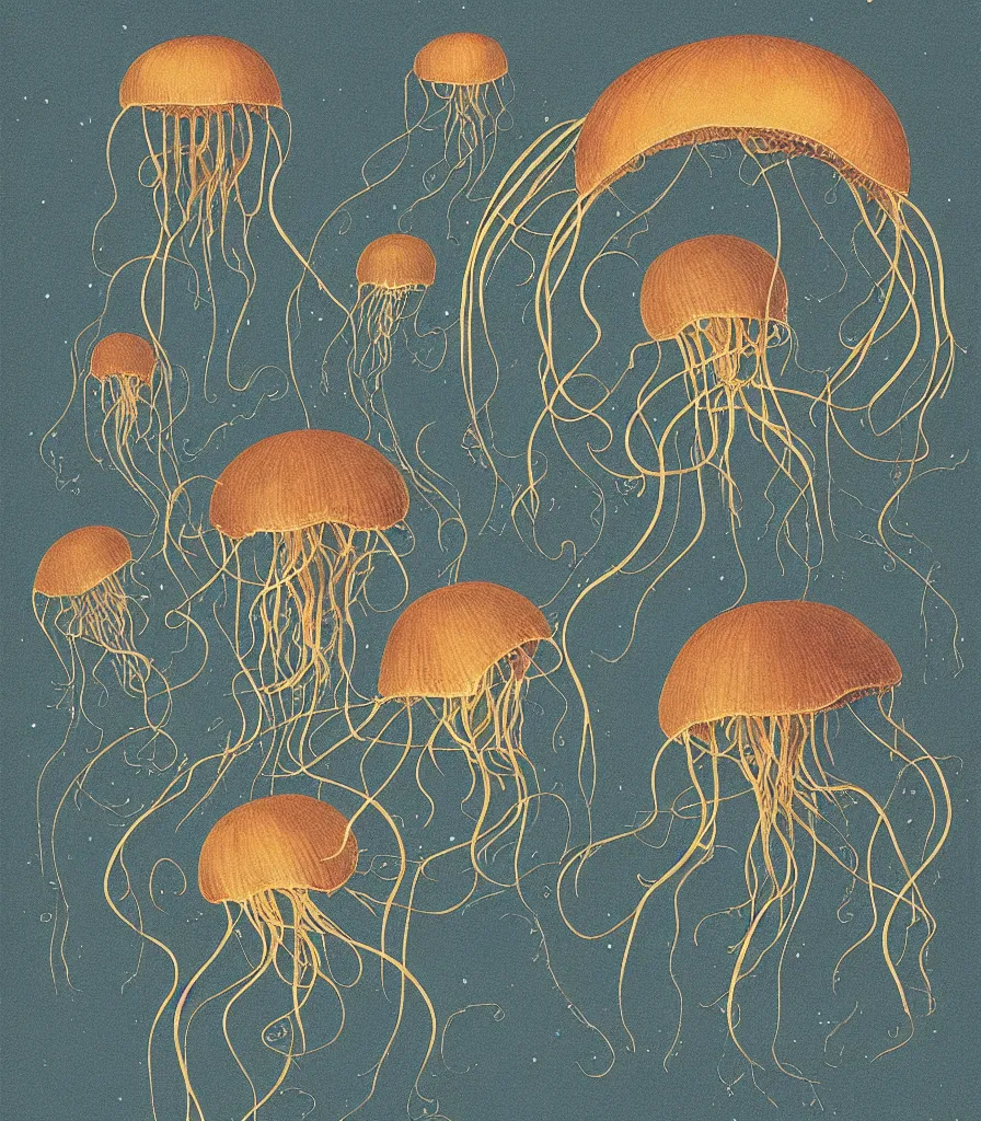 Prompt: brilliant alien jellyfish in the sky color scientific illustration by Ernst Haekel, color illustration with orthographic views