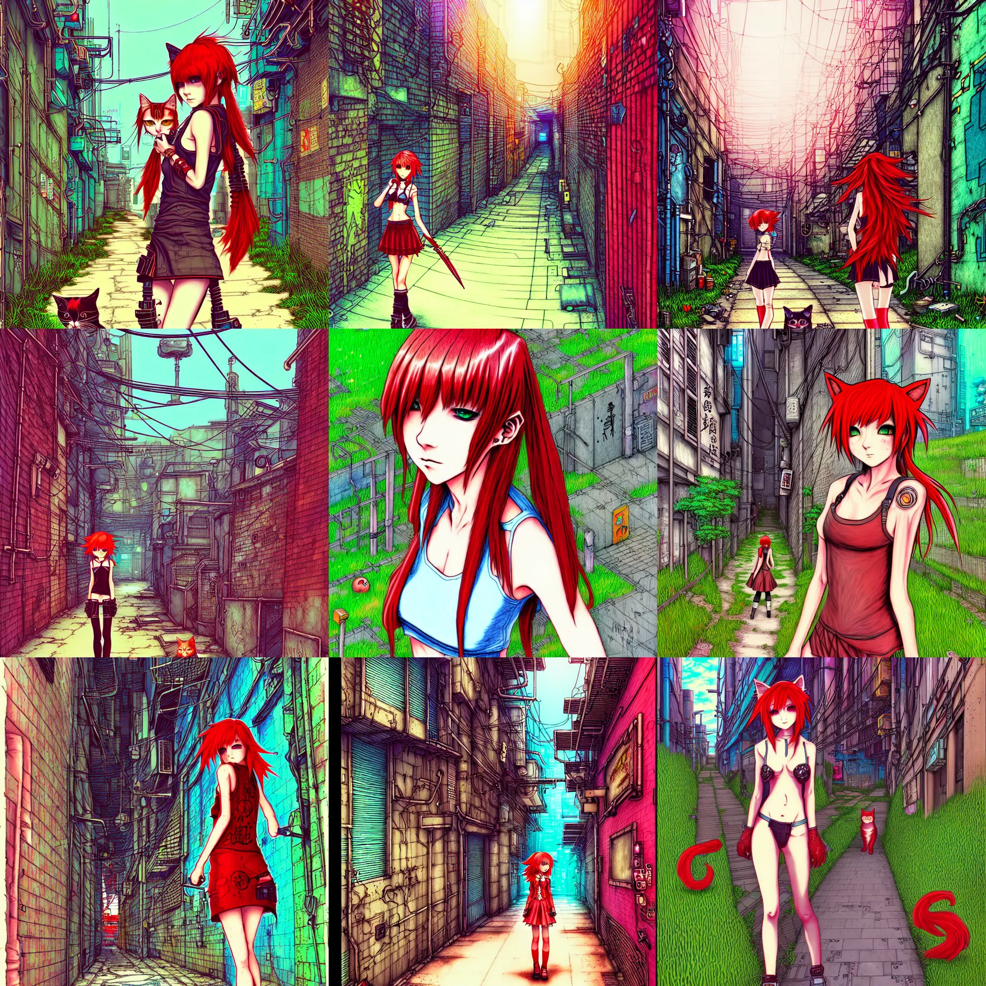 Prompt: an absurdly-detailed cyberpunk alleyway colored-calligraphy-pen drawing, short-red-haired cat-girl in final fantasy style. Summer sun in verdant fields.