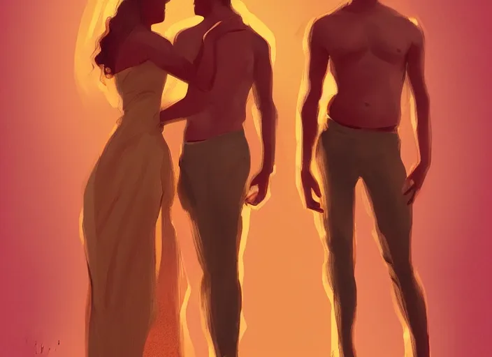 Prompt: couple, man and woman in pose of couple vol 2 photo reference pack for artists, spirit hugs, gold trim, atmoshperic, elegant, sharp focus, red sun, huge lips, poses by satine zillah, environment by hw 6 5 2 3, art by ilya ozornin, artstation, intricate details, concept art