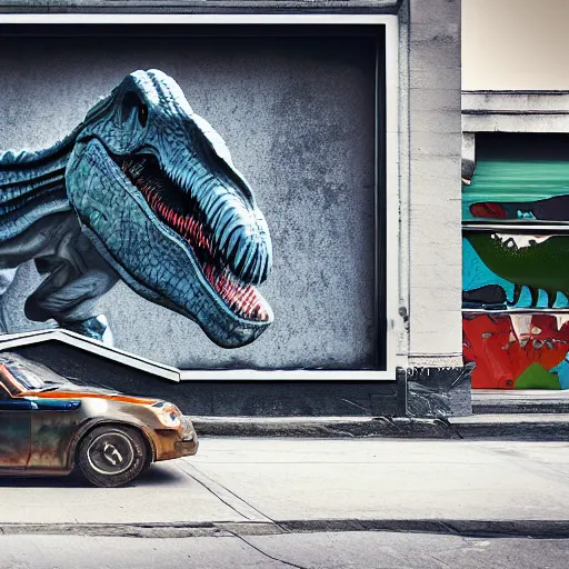 Image similar to A dinosaur emerging out of an giant street art work on a busy street, unreal engine, octane render