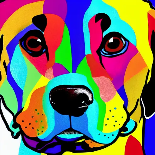 Prompt: colorful pop art of a Dog’s head, black background