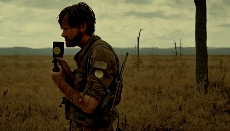 Image similar to lone survivor man holding a radio!! in post - apocalyptic nature landscape. movie screenshot. lush composition by wes anderson, shallow depth of field, cinematic. cinematic composition