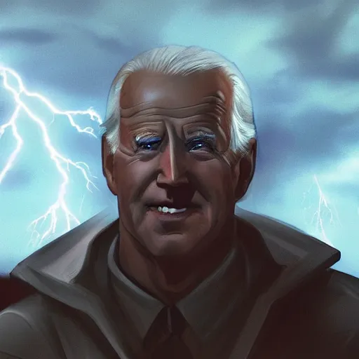 Image similar to Huge Joe Biden with glowing eyes, thunderstorm. Fantasy concept art, best of ArtStation