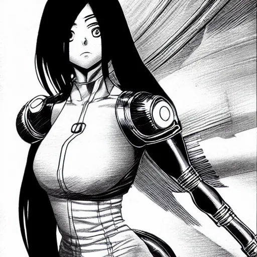 Image similar to alita by yukito kishiro. medium shot. black and white manga. pencil drawing. high detailed face