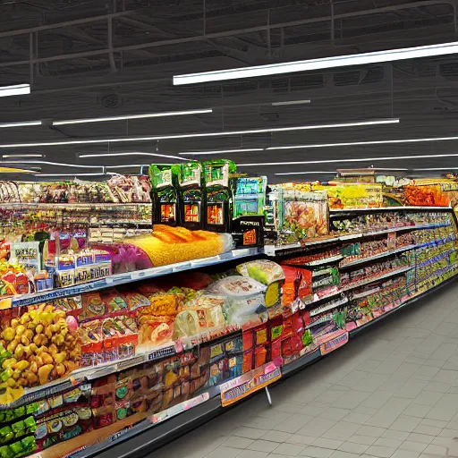 Image similar to long queue at supermarket with lots of food and groceries, photorealistic, ultra-detailed, 4k high resolution, HDR shot