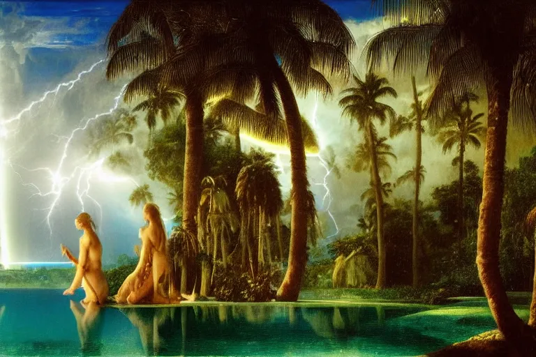 Prompt: Palace of the occult, refracted sparkles, thunderstorm, greek pool, beach and Tropical vegetation on the background major arcana sky and occult symbols, by paul delaroche, hyperrealistic 4k uhd, award-winning, very detailed paradise