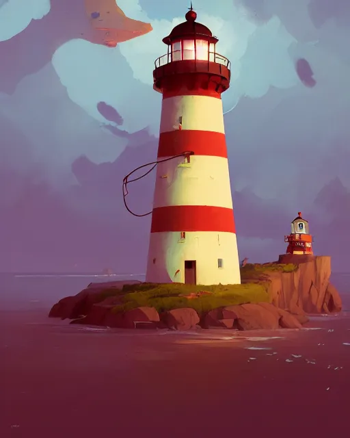 Prompt: painting of lighthouse in the sea by cory loftis, james gilleard, goro fujita, makoto shinkai, simon stalenhag, atey ghailan, makoto shinkai, goro fujita, studio ghibli, rim light, exquisite lighting, clear focus, very coherent, plain background, soft painting