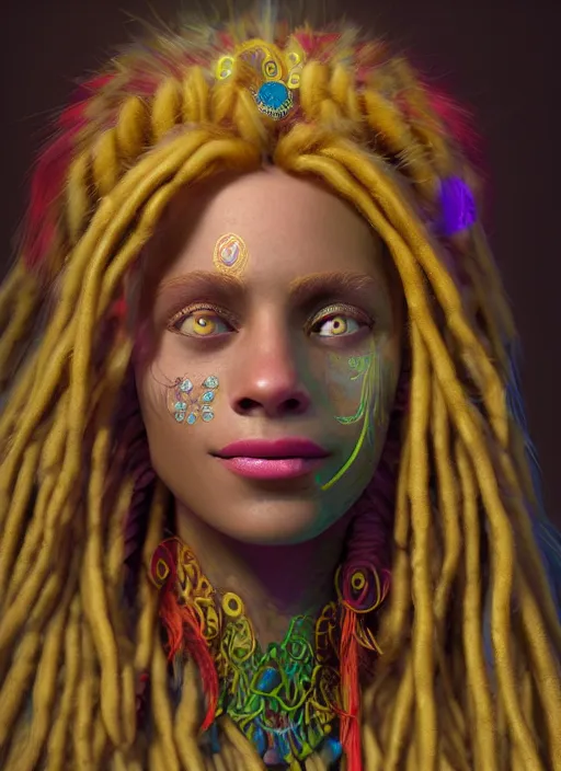 Prompt: an anthropomorphic beautiful smiling goddess female wizard portrait playing poi wearing colourful robe, dreadlock breed hair, fine art, award winning, intricate, elegant, sharp focus, octane render, hyperrealistic, cinematic lighting, highly detailed, digital painting, 8 k concept art, art by jamie hewlett masterpiece, trending on artstation, 8 k