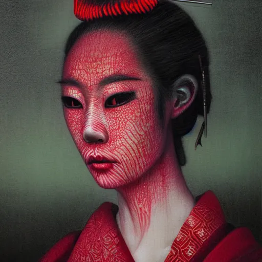 Prompt: portrait of a geisha monster with red glowing eyes, dark, moody, foggy, by Chie Yoshii and Sean Yoro