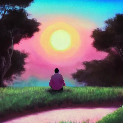 Prompt: A painting of Kanye West sitting on a hill by the sunset by Shinji Arakami, dreamy, pink skies, cloudy, melancholic, anime, cool, Ghibli-style, disney-style, extremely detailed