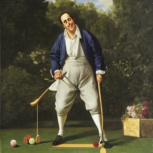Prompt: jerry seinfeld playing croquet in the garden, happy expression, smiling, holding a croquet mallet, rule of thirds, golden ratio, oil on canvas, highly detailed, warm color scheme, soft lighting, sharp focus, adelaide labille - guiard, artemisia gentileschi