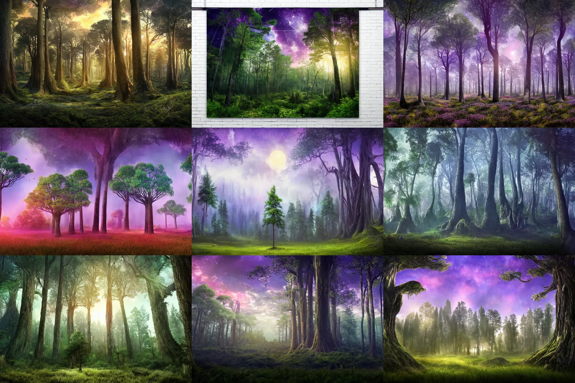 Prompt: inside of a giant upside down forest with gigantic trees with the murple sky dawn, cinematic, a lot of trees on the hill photorealistic matte painting