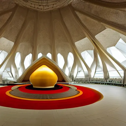 Prompt: interior of a futuristic lotus temple space station with gold, red and white marble panel, by buckminster fuller and syd mead, intricate contemporary architecture, photo journalism, photography, cinematic, national geographic photoshoot