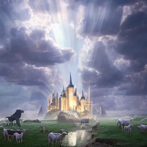 Image similar to a herd of goats! in a beautiful fantasy castle made from white stone and bright copper, medieval city, metropolis, magic, tall towers, gorgeous clouds, white marble, god rays, digital art, fantasy art, octane render, unreal engine, high detail, very realistic, by greg rutkowski. by james gurney