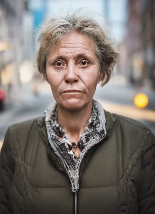 Image similar to Mid-shot portrait of a 50-year-old woman from Norway with short hair, looking tired, candid street portrait in the style of Martin Schoeller award winning, Sony a7R