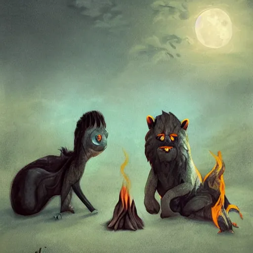 Image similar to strange mythical beasts of sitting around a fire under a full moon, surreal dark uncanny painting by ronny khalil