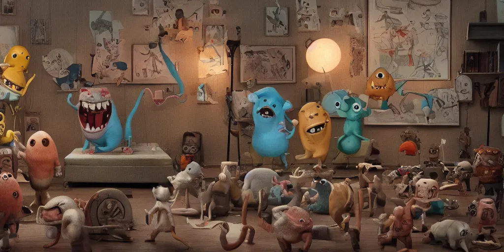 Image similar to cute cartoon monsters at a museum, still from a Wes Anderson film, cinematic, trending on artstation, highly detailed, scene from a movie, soft lighting, 8k